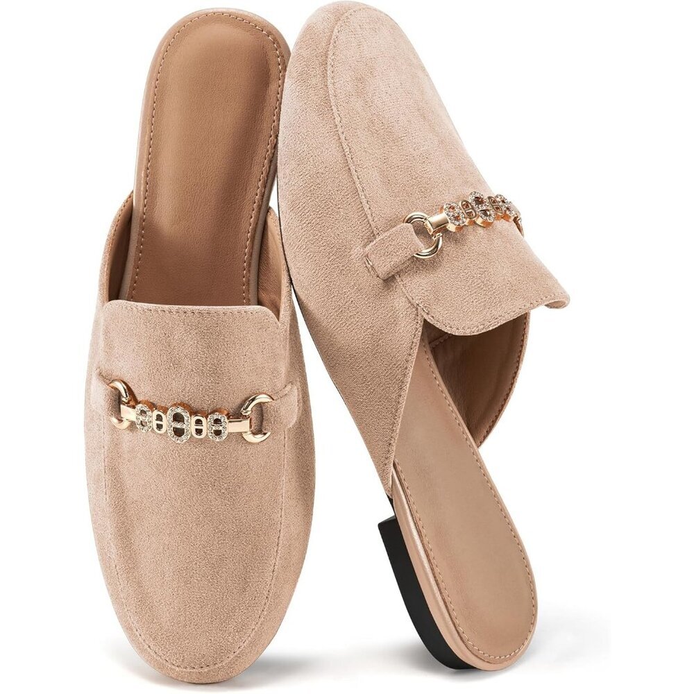 〽️Womens Apricot Suede Mule Flats Buckle Slip On Closed Toe Backless Loafers